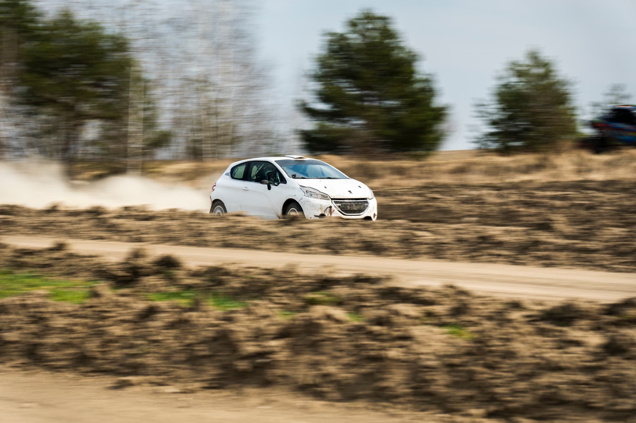 Biały Peugeot 208 Rally2 RallyZone na drodze szutrowej